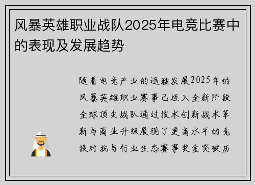 风暴英雄职业战队2025年电竞比赛中的表现及发展趋势